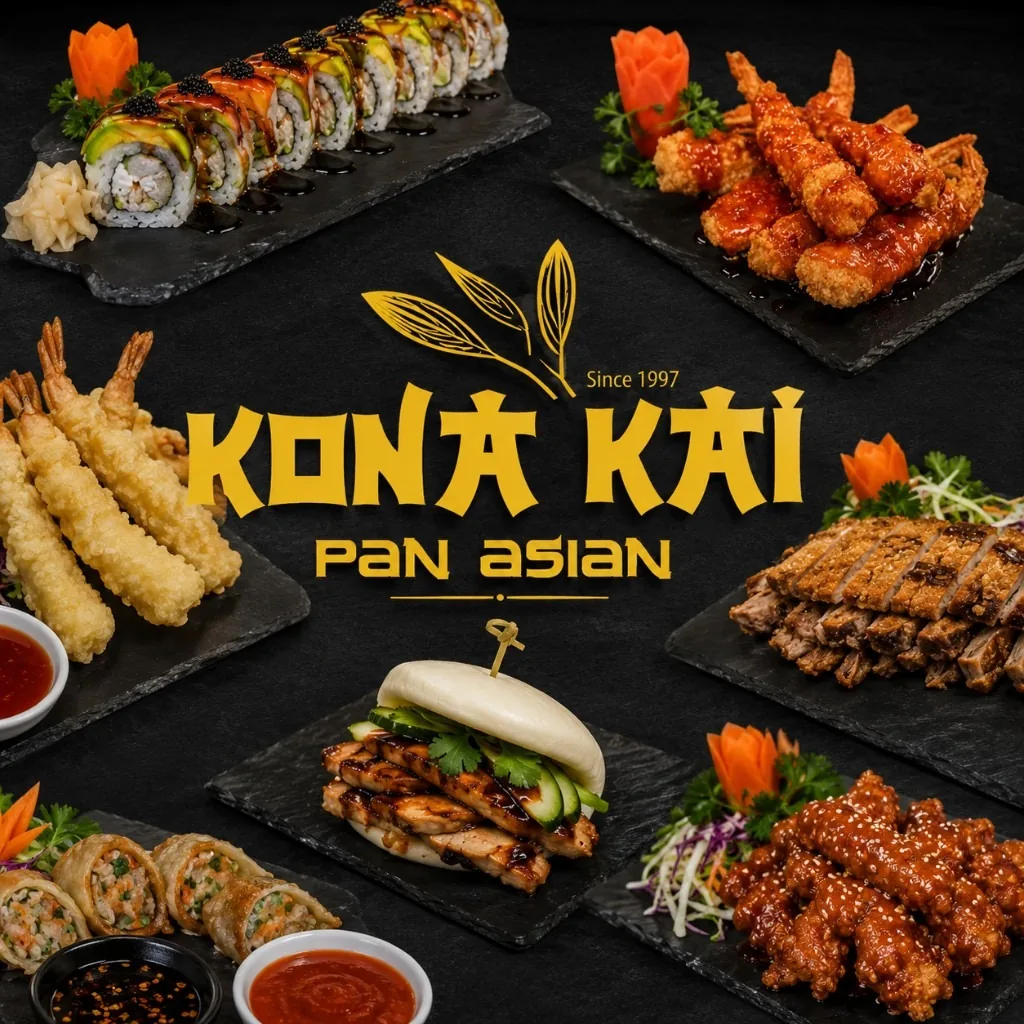 KONA KAI Pan Asian dishes arranged around the restaurant logo, including sushi, tempura, bao, and more